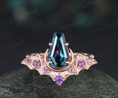 Kite coffin alexandrite ring vintage wing bat moon unique engagement ring 14k rose gold amethyst wedding ring women