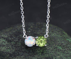 Toi et Moi round opal peridot Necklace solid 14k 18k white gold two stone Pendant women anniversary gift