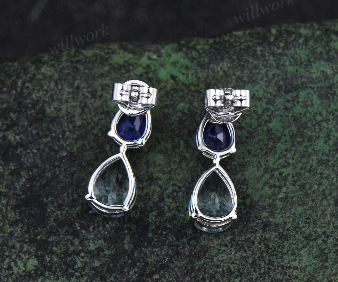 Unique Pear Cut Natural Aquamarine Dangle Earrings Dainty Teardrop Blue Sapphire Drop Earrings white gold Two Stone Earrings women