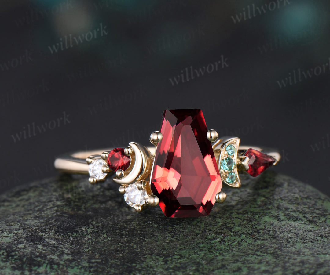 Kite Coffin red garnet engagement ring 14k yellow gold cluster moon emerald wedding crystal ring anniversary gift