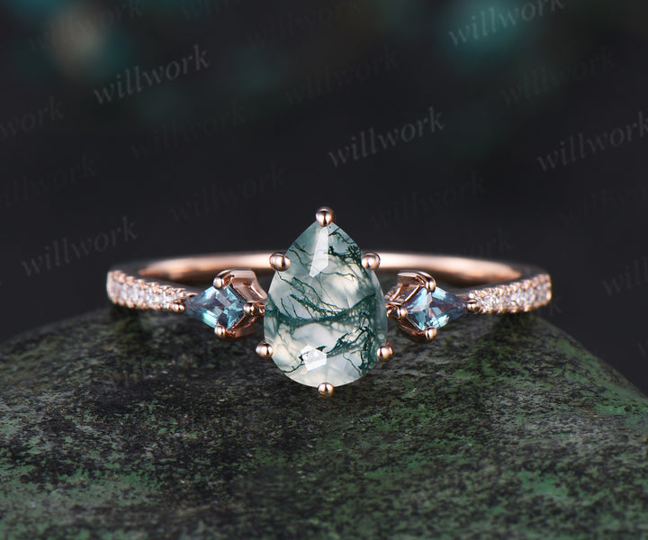 Pear cut moss agate engagement ring set rose gold vintage kite alexandrite half eternity diamond stacking bridal anniversary gift