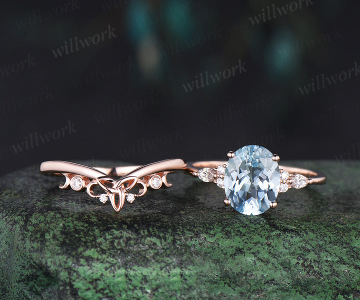 3ct oval cut Aquamarine engagement ring set solid 14k rose gold art deco diamond ring vintage moon Celtic knot wedding ring set women