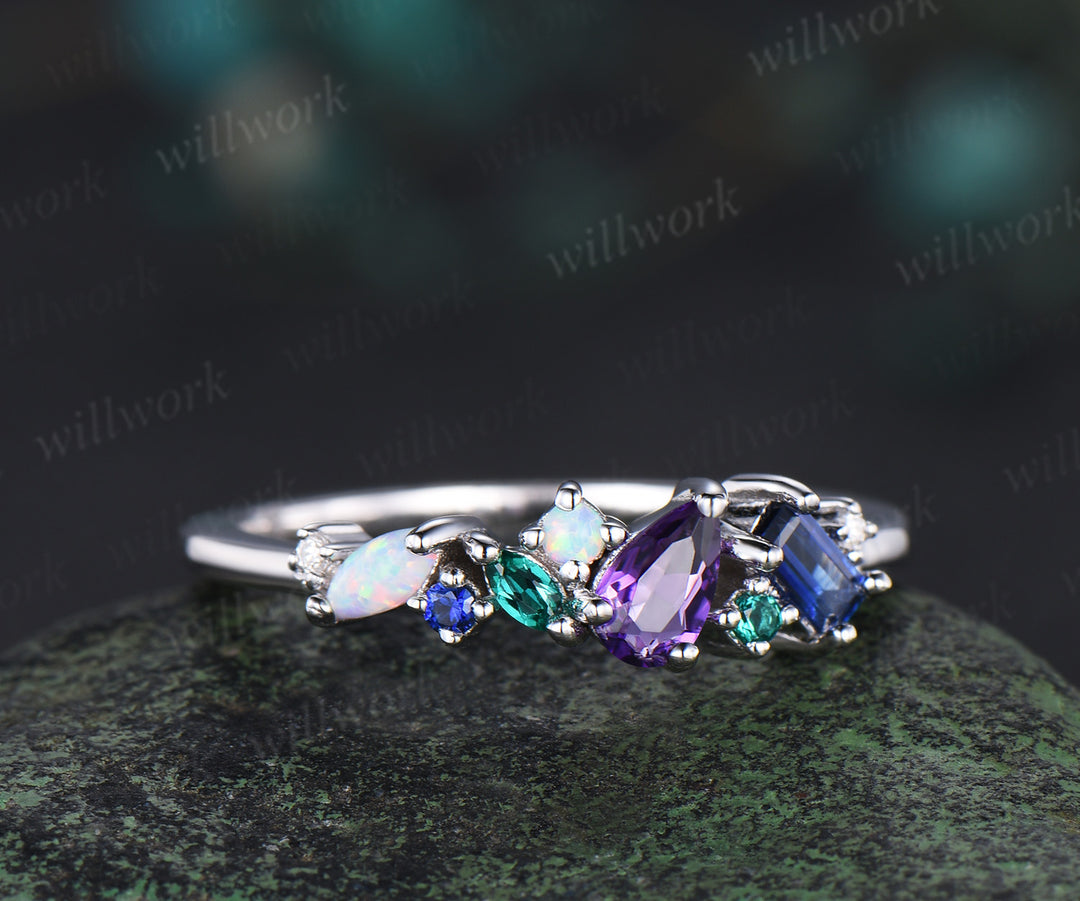 Unique pear amethyst ring white gold cluster Baguette cut sapphire ring women dainty Multi-Stone Ring opal wedding band gemstone anniversary ring gift