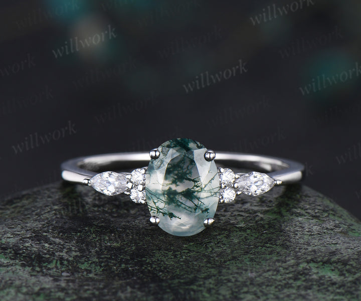 Unique bridal ring set oval cut moss agate engagement ring set vintage moissanite ring set 14k white gold women cluster marquise ring jewelry