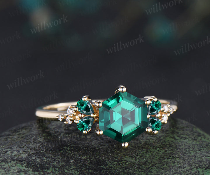 Hexagon cut emerald engagement ring unique pear emerald moissanite cluster ring May birthstone solid yellow gold promise ring