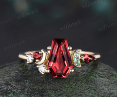 Kite Coffin red garnet engagement ring 14k yellow gold cluster moon emerald wedding crystal ring anniversary gift
