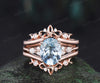 3ct oval cut Aquamarine engagement ring set solid 14k rose gold art deco diamond ring vintage moon Celtic knot wedding ring set women