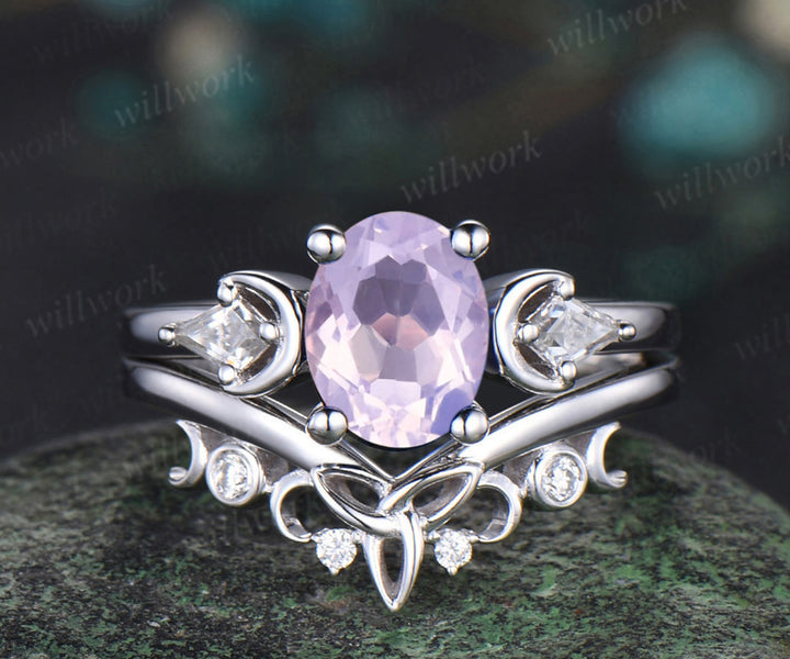 Oval Cut Lavender Amethyst Engagement Ring Set Unique Moissanite Celtic Knot Moon Wedding Band Art Deco Healing Jewelry 2pcs Bridal Ring Set