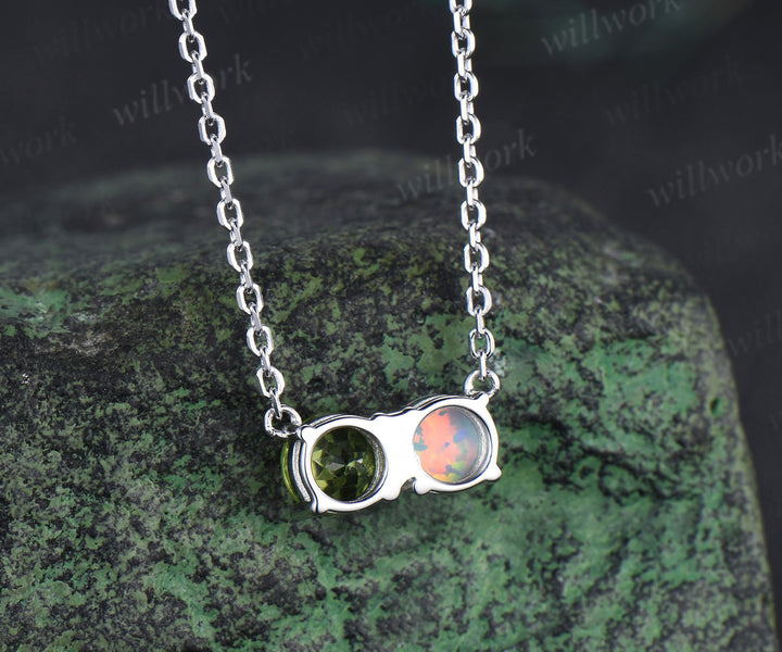 Toi et Moi round opal peridot Necklace solid 14k 18k white gold two stone Pendant women anniversary gift