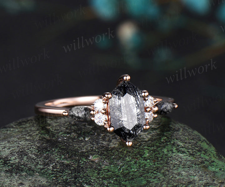 Long Hexagon Cut Black Rutilated Quartz engagement ring solid 14k rose gold marquise retro wedding ring women gift