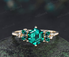 Hexagon cut emerald engagement ring unique pear emerald moissanite cluster ring May birthstone solid yellow gold promise ring