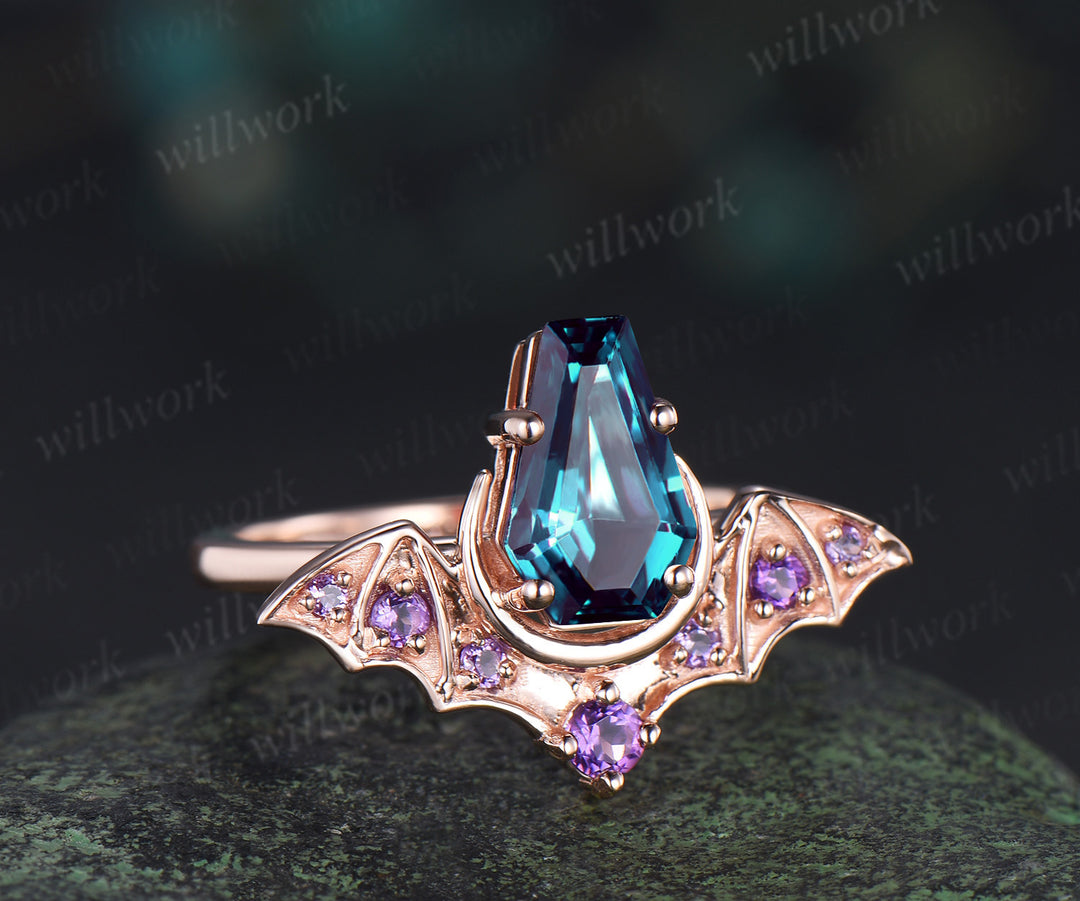 Kite coffin alexandrite ring vintage wing bat moon unique engagement ring 14k rose gold amethyst wedding ring women