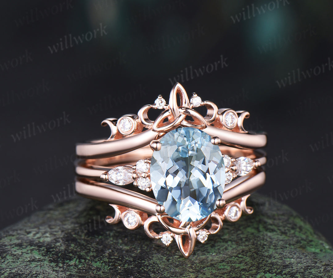 3ct oval cut Aquamarine engagement ring set solid 14k rose gold art deco diamond ring vintage moon Celtic knot wedding ring set women