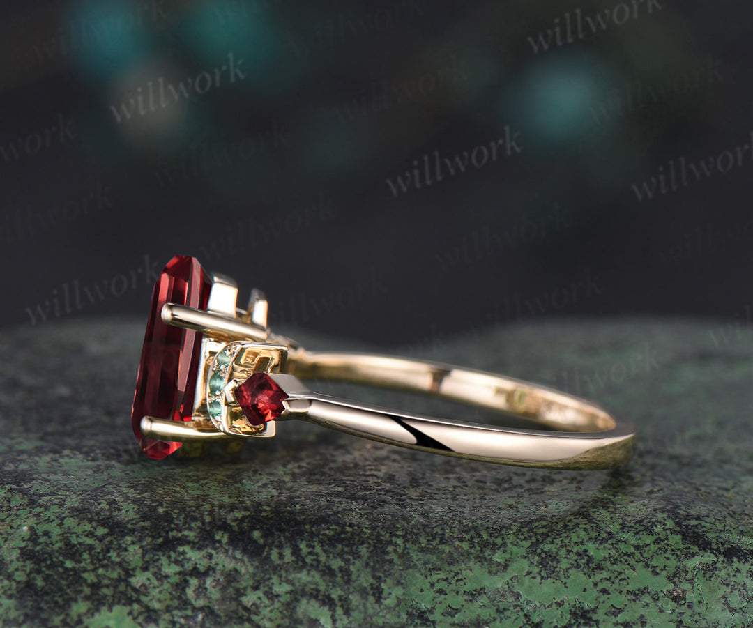 Kite Coffin red garnet engagement ring 14k yellow gold cluster moon emerald wedding crystal ring anniversary gift