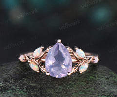 Pear cut lavender amethyst engagement ring 14k rose gold leaf marquise opal ring unique spilt shank bridal ring jewelry gifts
