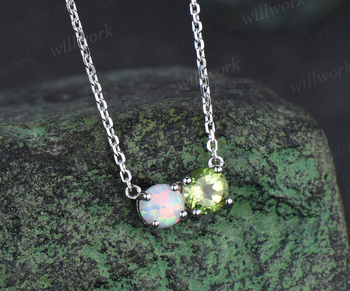Toi et Moi round opal peridot Necklace solid 14k 18k white gold two stone Pendant women anniversary gift