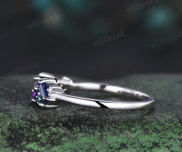 Unique pear amethyst ring white gold cluster Baguette cut sapphire ring women dainty Multi-Stone Ring opal wedding band gemstone anniversary ring gift