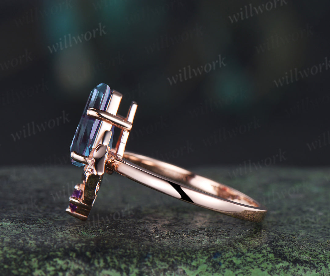 Kite coffin alexandrite ring vintage wing bat moon unique engagement ring 14k rose gold amethyst wedding ring women