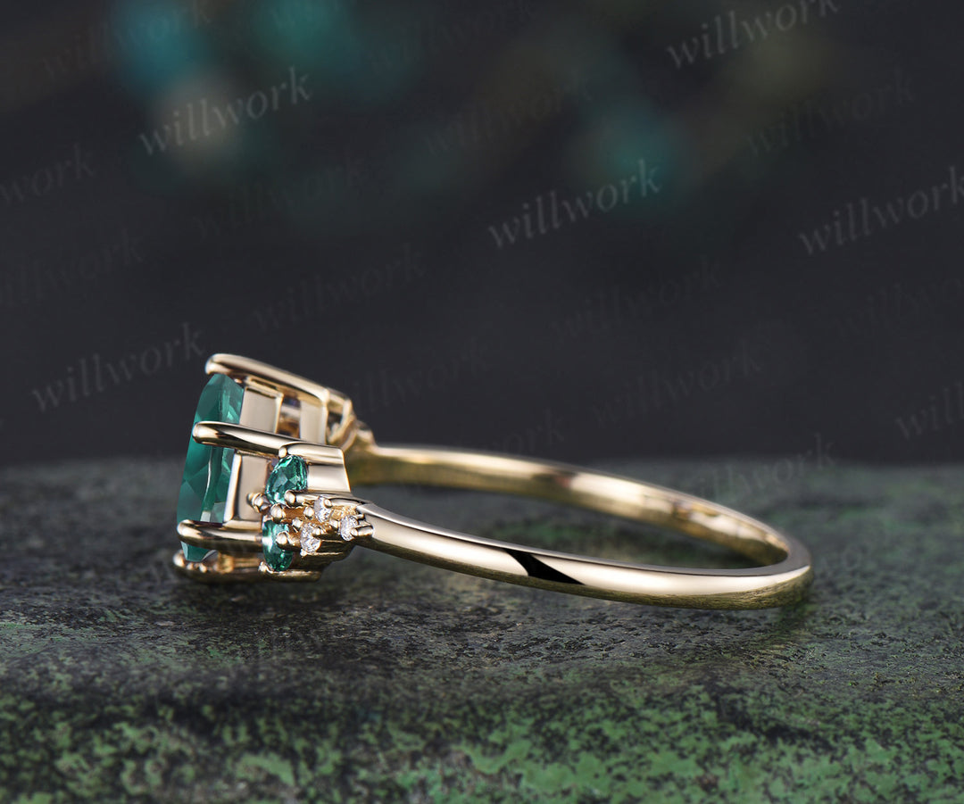Hexagon cut emerald engagement ring unique pear emerald moissanite cluster ring May birthstone solid yellow gold promise ring