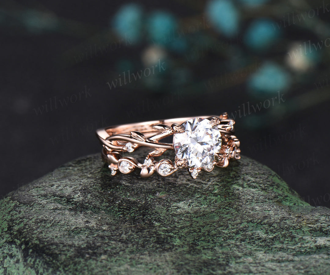 1ct round moissanite promise ring diamond half eternity vine branch leaf infinity engagement ring women rose goldgift