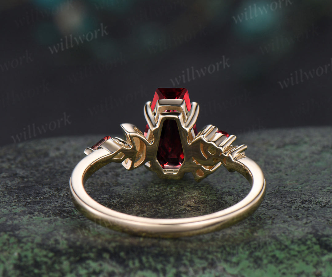 Kite Coffin red garnet engagement ring 14k yellow gold cluster moon emerald wedding crystal ring anniversary gift