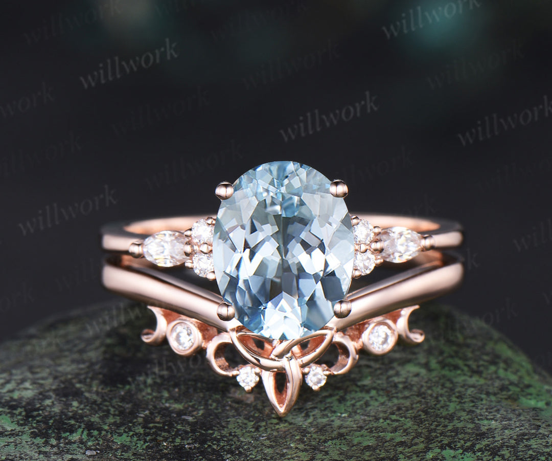 3ct oval cut Aquamarine engagement ring set solid 14k rose gold art deco diamond ring vintage moon Celtic knot wedding ring set women