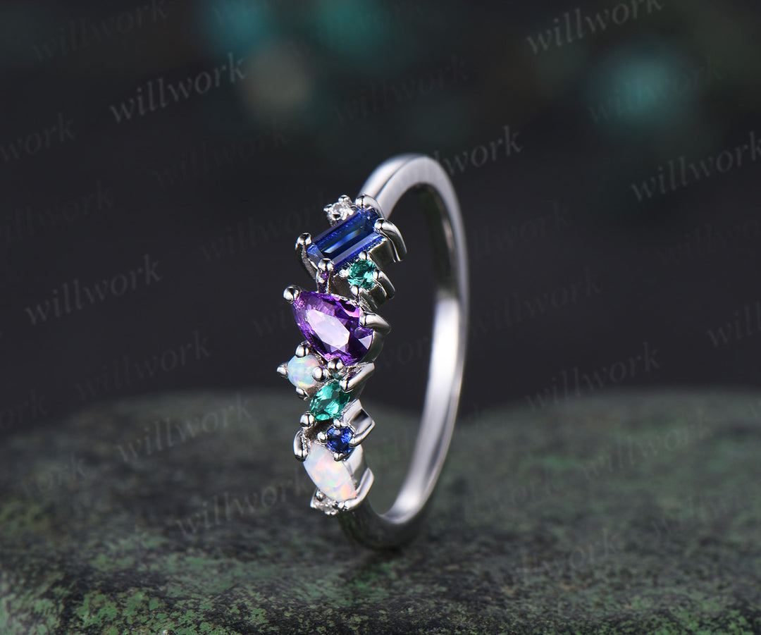 Unique pear amethyst ring white gold cluster Baguette cut sapphire ring women dainty Multi-Stone Ring opal wedding band gemstone anniversary ring gift