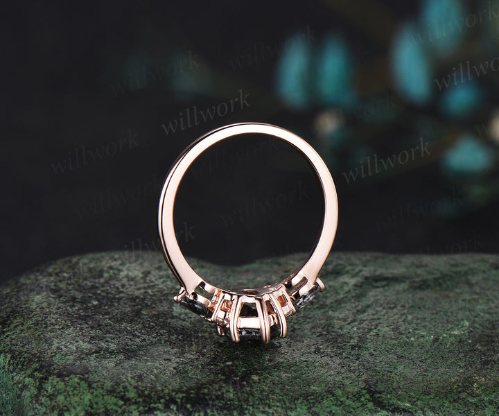 Long Hexagon Cut Black Rutilated Quartz engagement ring solid 14k rose gold marquise retro wedding ring women gift