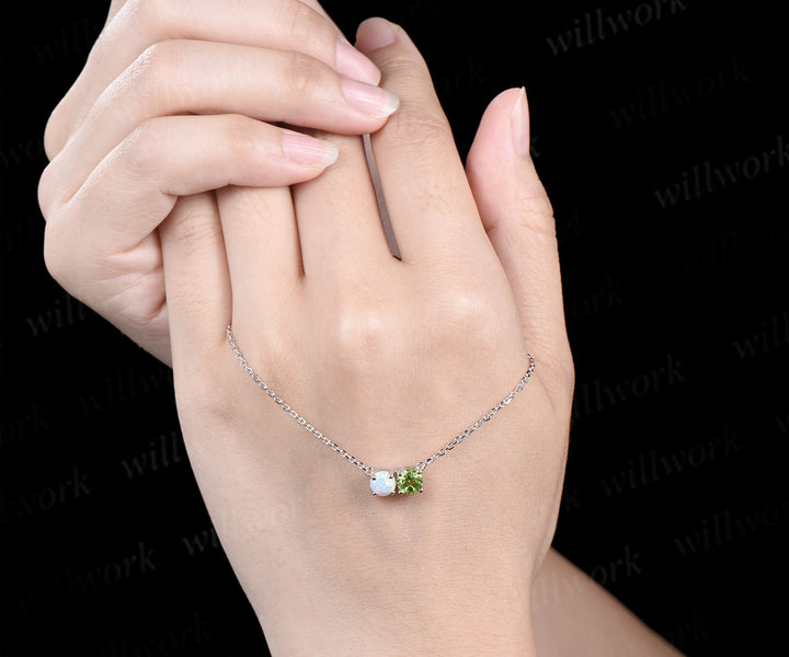 Toi et Moi round opal peridot Necklace solid 14k 18k white gold two stone Pendant women anniversary gift