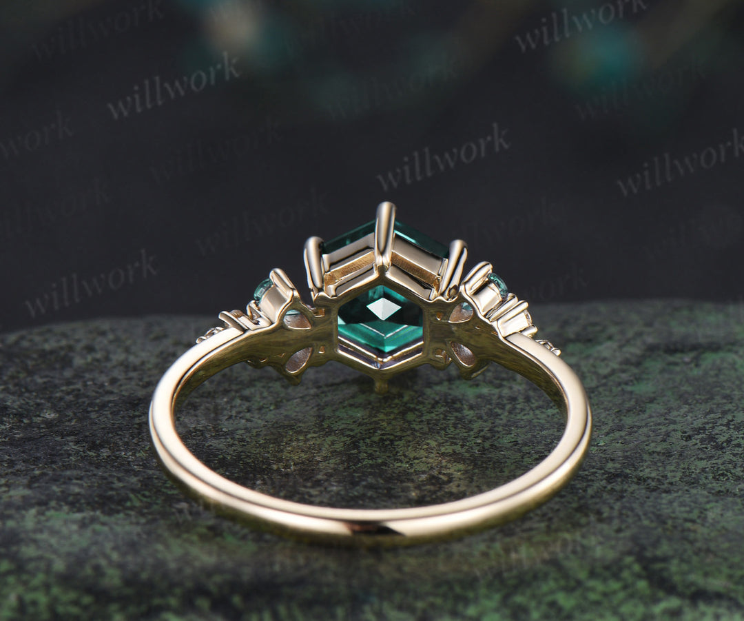 Hexagon cut emerald engagement ring unique pear emerald moissanite cluster ring May birthstone solid yellow gold promise ring