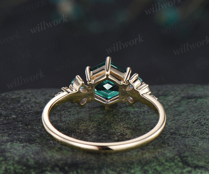 Hexagon cut emerald engagement ring unique pear emerald moissanite cluster ring May birthstone solid yellow gold promise ring