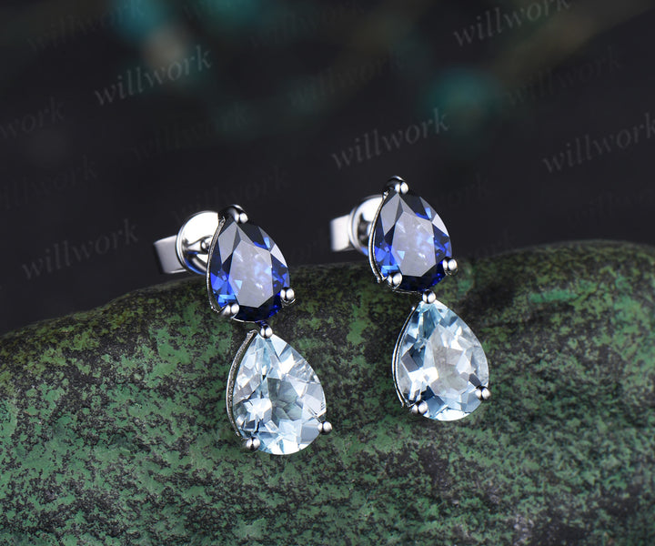 Unique Pear Cut Natural Aquamarine Dangle Earrings Dainty Teardrop Blue Sapphire Drop Earrings white gold Two Stone Earrings women