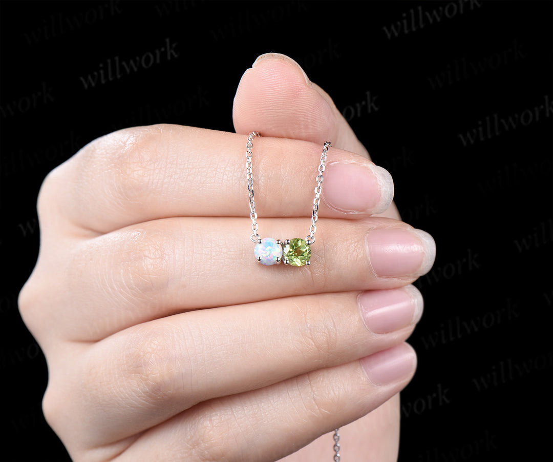 Toi et Moi round opal peridot Necklace solid 14k 18k white gold two stone Pendant women anniversary gift