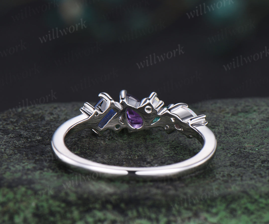 Unique pear amethyst ring white gold cluster Baguette cut sapphire ring women dainty Multi-Stone Ring opal wedding band gemstone anniversary ring gift