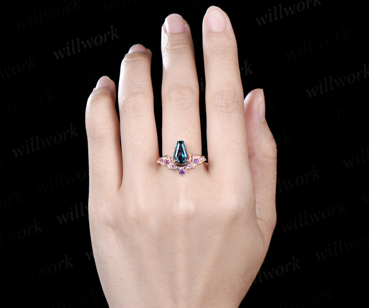 Kite coffin alexandrite ring vintage wing bat moon unique engagement ring 14k rose gold amethyst wedding ring women