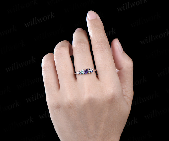 Unique pear amethyst ring white gold cluster Baguette cut sapphire ring women dainty Multi-Stone Ring opal wedding band gemstone anniversary ring gift