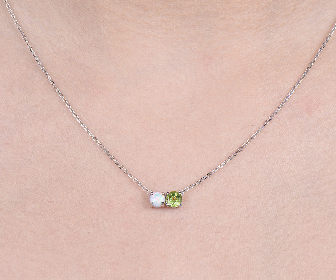 Toi et Moi round opal peridot Necklace solid 14k 18k white gold two stone Pendant women anniversary gift