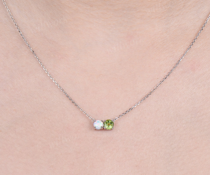 Toi et Moi round opal peridot Necklace solid 14k 18k white gold two stone Pendant women anniversary gift