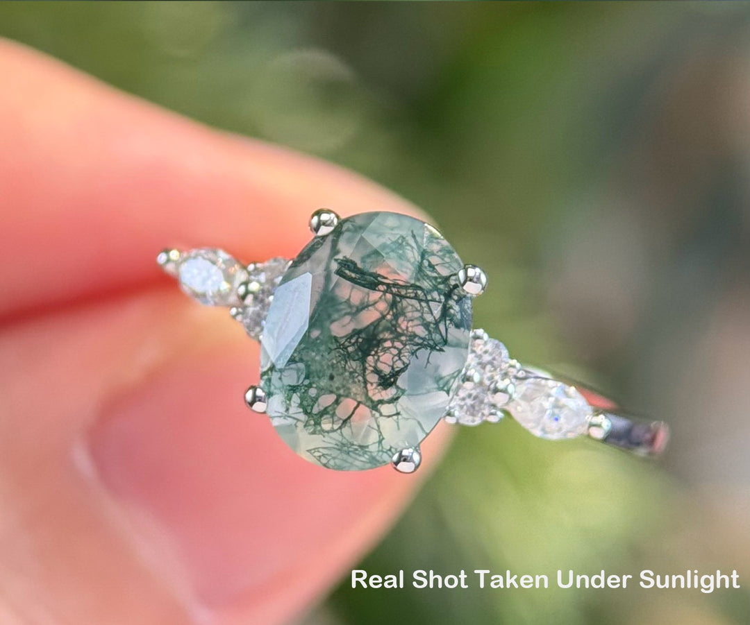 2ct Moss agate ring Oval cut green moss agate engagement ring white gold marquise engagement ring women diamond ring vintage promise ring