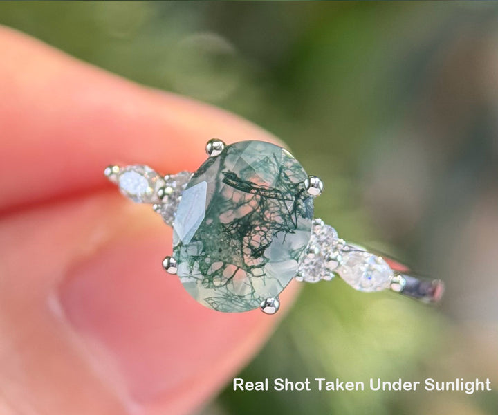 2ct Moss agate ring Oval cut green moss agate engagement ring white gold marquise engagement ring women diamond ring vintage promise ring