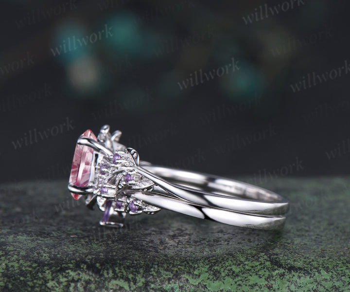 Oval Fantasy Padparadscha Engagement Ring Set Leaf Twig Amethyst Promise Ring Curved Wedding Band Pink Sapphire Bridal Set