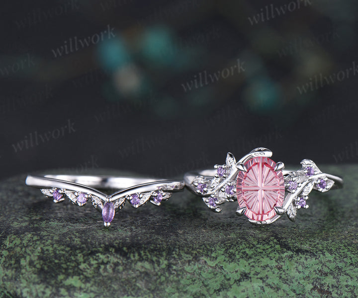 Oval Fantasy Padparadscha Engagement Ring Set Leaf Twig Amethyst Promise Ring Curved Wedding Band Pink Sapphire Bridal Set