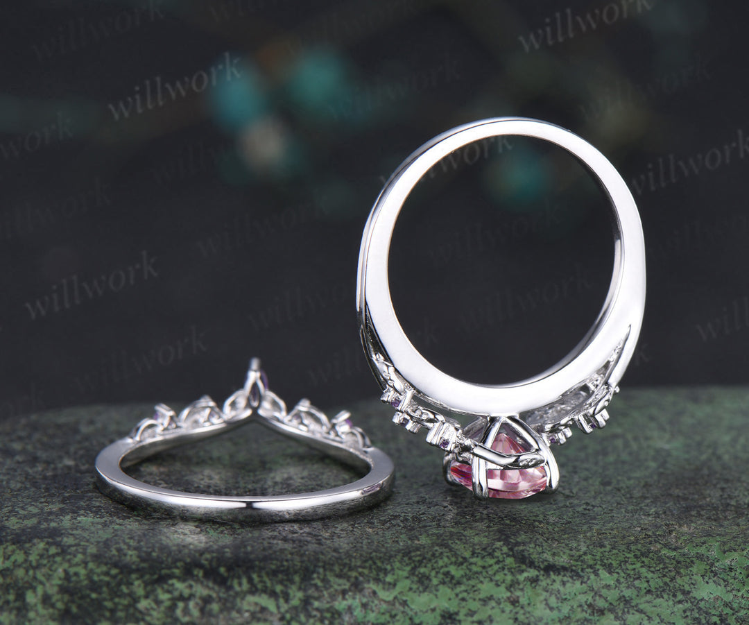 Oval Fantasy Padparadscha Engagement Ring Set Leaf Twig Amethyst Promise Ring Curved Wedding Band Pink Sapphire Bridal Set
