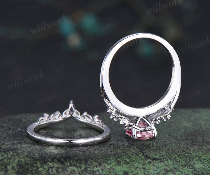 Oval Fantasy Padparadscha Engagement Ring Set Leaf Twig Amethyst Promise Ring Curved Wedding Band Pink Sapphire Bridal Set