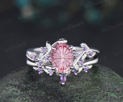 Oval Fantasy Padparadscha Engagement Ring Set Leaf Twig Amethyst Promise Ring Curved Wedding Band Pink Sapphire Bridal Set