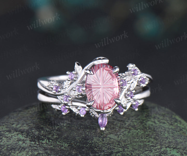 Oval Fantasy Padparadscha Engagement Ring Set Leaf Twig Amethyst Promise Ring Curved Wedding Band Pink Sapphire Bridal Set