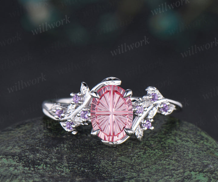 Oval Fantasy Padparadscha Engagement Ring Set Leaf Twig Amethyst Promise Ring Curved Wedding Band Pink Sapphire Bridal Set