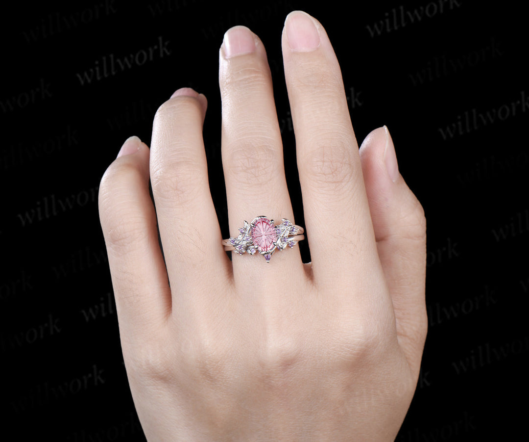 Oval Fantasy Padparadscha Engagement Ring Set Leaf Twig Amethyst Promise Ring Curved Wedding Band Pink Sapphire Bridal Set