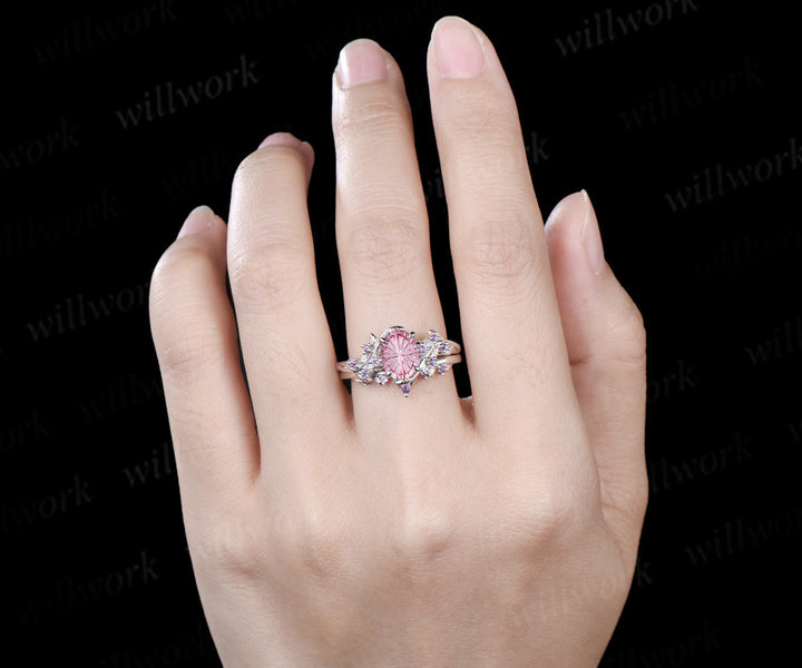 Oval Fantasy Padparadscha Engagement Ring Set Leaf Twig Amethyst Promise Ring Curved Wedding Band Pink Sapphire Bridal Set