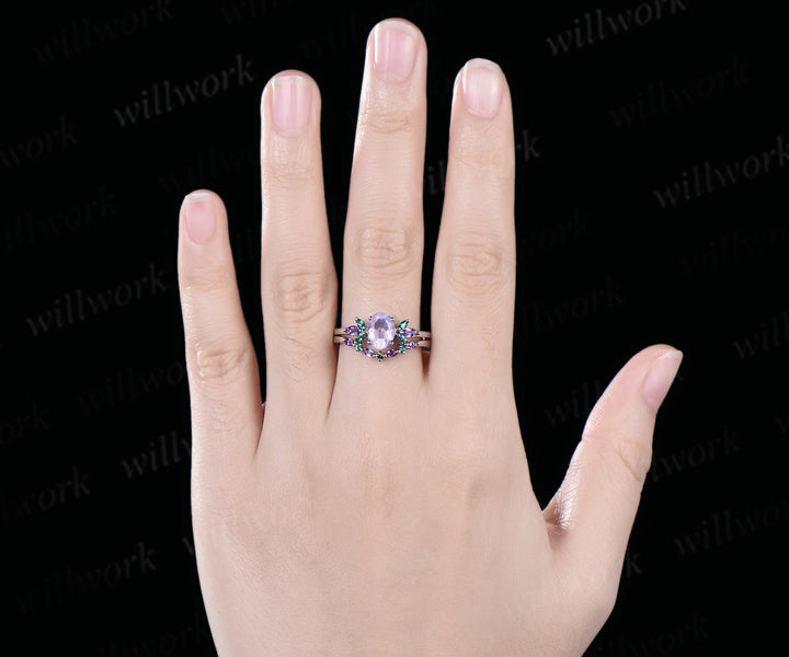Unique Oval Cut Lavender Amethyst Engagement Ring Set 14k White Gold Butterfly rings Lab Emeralds Amethyst Cluster 2pcs Bridal Ring Set